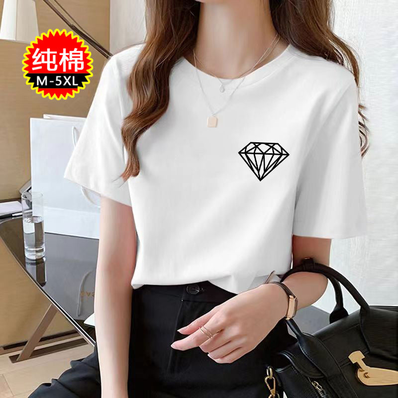 2024 Summer New Women's Loose Women's White Short-sleeved T-shirt Round Neck Top All-match Base Shirt Stall