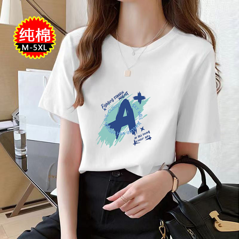 2024 Summer New Women's Loose Women's White Short-sleeved T-shirt Round Neck Top All-match Base Shirt Stall
